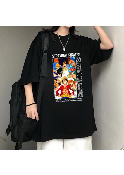 Harajuku Anime One Piece Strawhat Siyah Oversize T-Shirt fiyatları