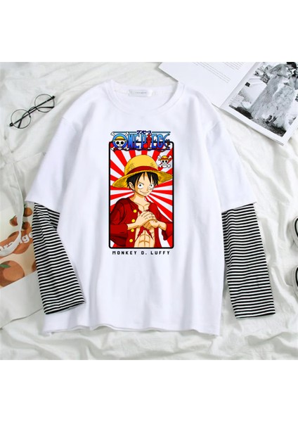 Harajuku Anime One Piece Strawhat Fake Sleeves Unisex Beyaz T-Shirt