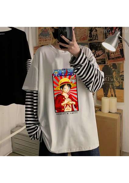 Harajuku Anime One Piece Strawhat Fake Sleeves Unisex Beyaz T-Shirt