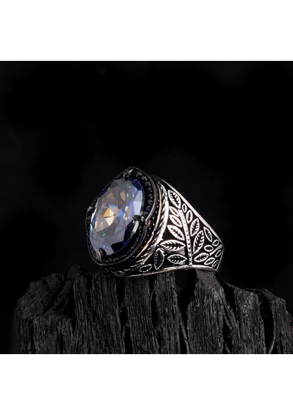 925 Ayar Gümüş Mistik Topaz Taşlı Yaprak Motifli Yüzük