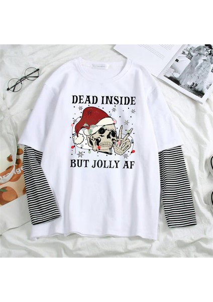 Dead Insıde Christmas Baskılı Fake Sleeves Unisex Beyaz T-Shirt