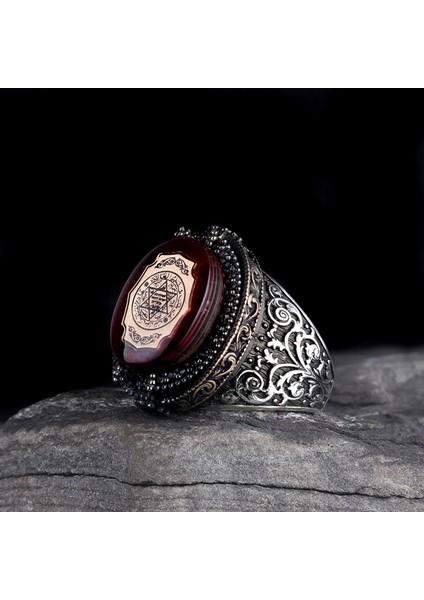 925 Ayar Gümüş Hz Süleyman Mührü Kehribar Taşlı Yüzük