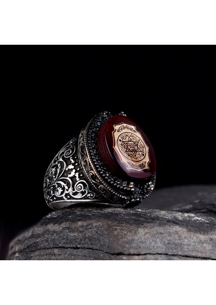 925 Ayar Gümüş Hz Süleyman Mührü Kehribar Taşlı Yüzük fiyatları