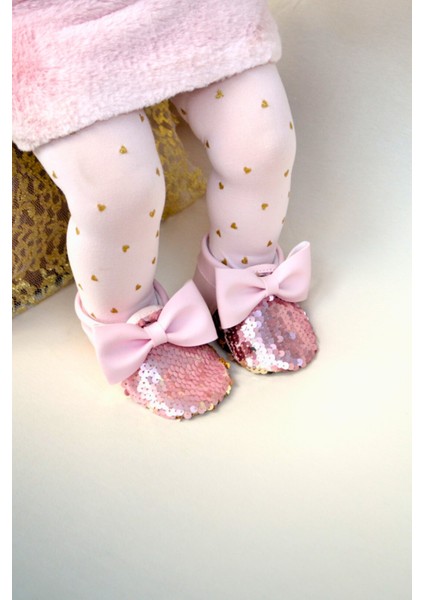 Pembe Gold Pul Payetli Fiyonklu Kız Bebek Babet Patik G-2366