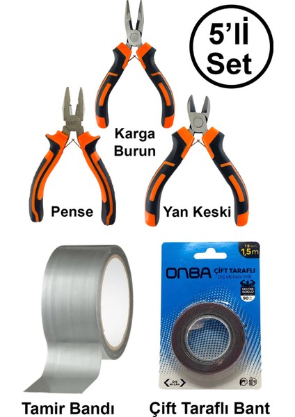 Mini Takı Hobi Karga Burun Yan Keski Pense Çift Taraflı Bant Çok Amaçlı Gri Tamir Bandı Seti