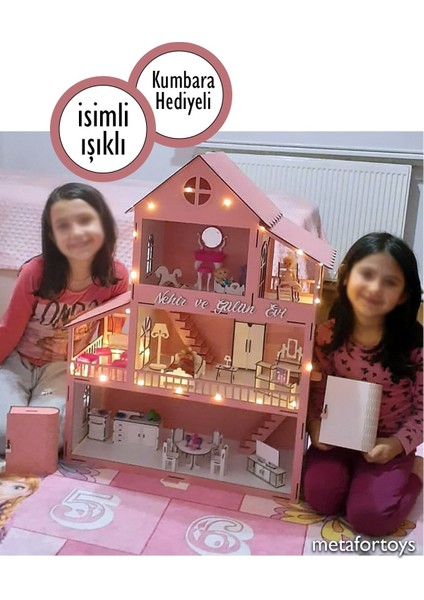 60 cm Isimli Işıklı Ahşap Oyun Evi (Pembe)