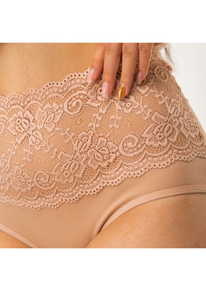 Pamuklu Kadın Külot Yüksek Bel Dantelli 3'lü Set Paket Slip Likralı Büyük Beden Bej fiyatları