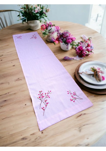 Pembe Kırçiçeği Nakışlı 40X140 cm Runner | Amerikan Servisi | Ithal Keten Kumaş | Bardak Altlığı