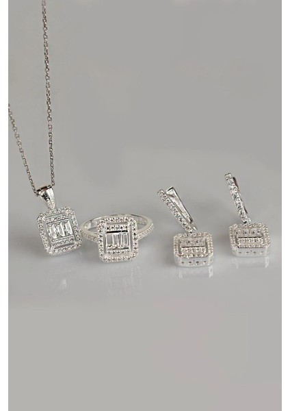 Baget Taşlı Gümüş Kadın Üçlü Takı Seti -Z3647