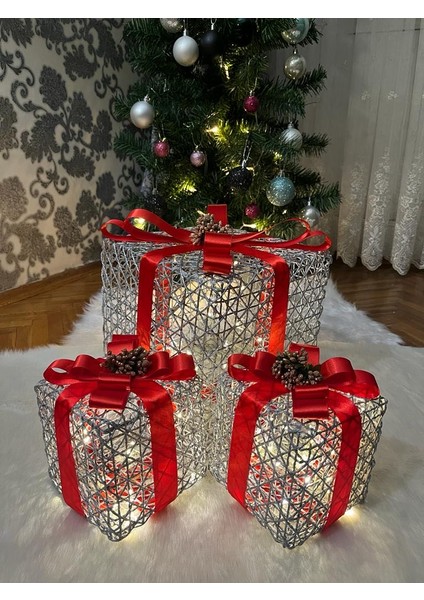Dekoratif Yılbaşı Özel Yılbaşı Ağacı Altı LED Işıklı Hediye Kutusu Seti (Noel Süsü)