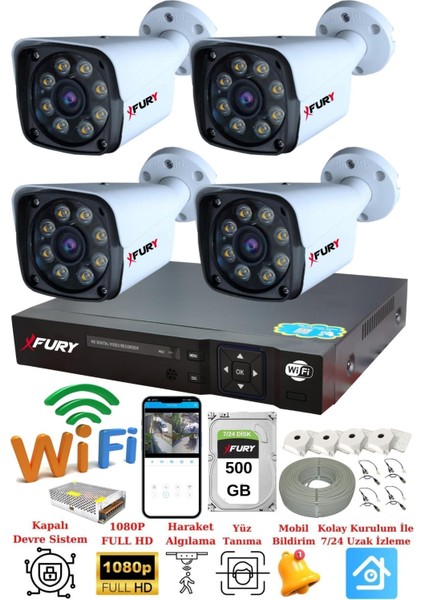 4 Kameralı 5mp Lens 1080p 2mp Color Görüntü 8 Warm Led Gece Görüş FullHd Güvenlik Kamera 5520W 500GB