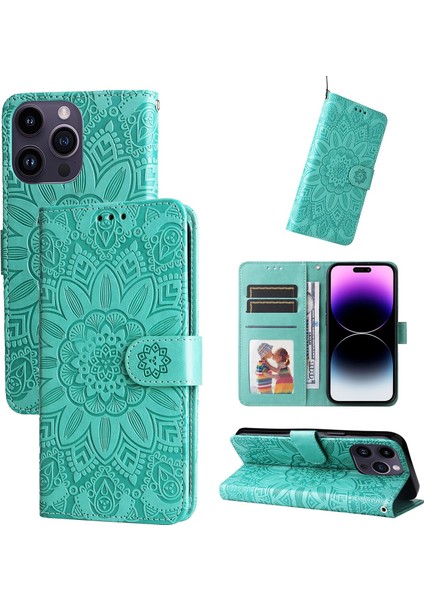 iPhone 15 Pro Max ile Uyumlu Sunflower Kabartmalı Pu Deri Cüzdan Kılıf Kart Yuvaları ve Kickstand ile Çevirmeli Koruyucu Telefon Kapağı (Yurt Dışından)