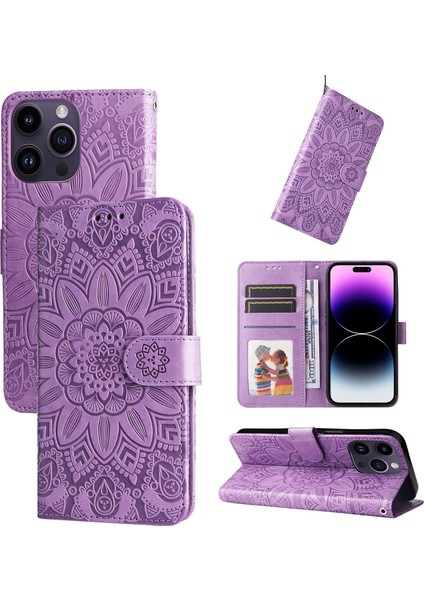 iPhone 15 Pro Max ile Uyumlu Sunflower Kabartmalı Pu Deri Cüzdan Kılıf Kart Yuvaları ve Kickstand ile Çevirmeli Koruyucu Telefon Kapağı (Yurt Dışından)