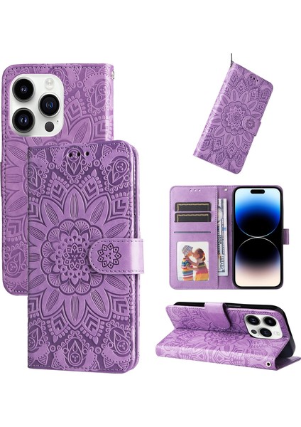 iPhone 15 Pro ile Uyumlu Sunflower Kabartmalı Pu Deri Cüzdan Kılıf Kart Yuvaları ve Kickstand ile Çevirmeli Koruyucu Telefon Kapağı (Yurt Dışından)