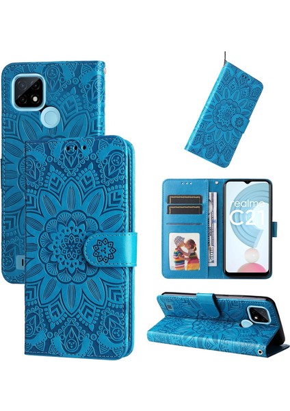 Realme C21Y/C25Y ile Uyumlu Sunflower Kabartmalı Pu Deri Cüzdan Kılıf Kart Yuvaları ve Kickstand ile Çevirmeli Koruyucu Telefon Kapağı (Yurt Dışından)