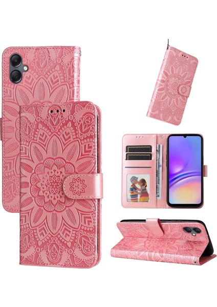 Samsung Galaxy A05 ile Uyumlu Sunflower Kabartmalı Pu Deri Cüzdan Kılıf Kart Yuvaları ve Kickstand ile Çevirmeli Koruyucu Telefon Kapağı (Yurt Dışından)