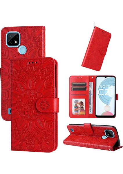 Realme C21Y/C25Y ile Uyumlu Sunflower Kabartmalı Pu Deri Cüzdan Kılıf Kart Yuvaları ve Kickstand ile Çevirmeli Koruyucu Telefon Kapağı (Yurt Dışından)