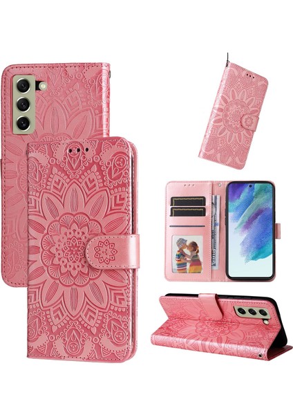 Samsung Galaxy S21 Fe ile Uyumlu Sunflower Kabartmalı Pu Deri Cüzdan Kılıf Kart Yuvaları ve Kickstand ile Çevirmeli Koruyucu Telefon Kapağı (Yurt Dışından)