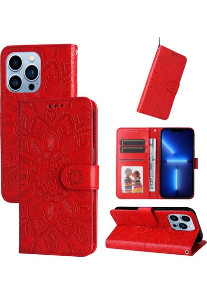 iPhone 13 Pro ile Uyumlu Sunflower Kabartmalı Pu Deri Cüzdan Kılıf Kart Yuvaları ve Kickstand ile Çevirmeli Koruyucu Telefon Kapağı (Yurt Dışından)