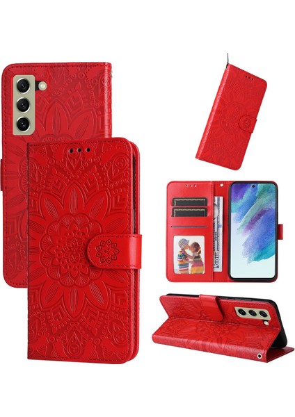 Samsung Galaxy S21 Fe ile Uyumlu Sunflower Kabartmalı Pu Deri Cüzdan Kılıf Kart Yuvaları ve Kickstand ile Çevirmeli Koruyucu Telefon Kapağı (Yurt Dışından)