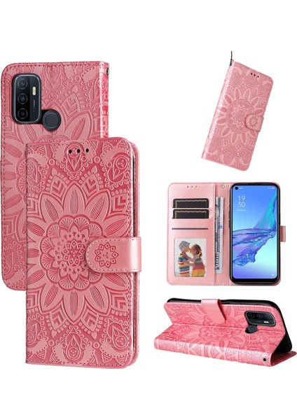 Oppo A53 2020/A32 ile Uyumlu Sunflower Kabartmalı Pu Deri Cüzdan Kılıf Kart Yuvaları ve Kickstand ile Çevirmeli Koruyucu Telefon Kapağı (Yurt Dışından)