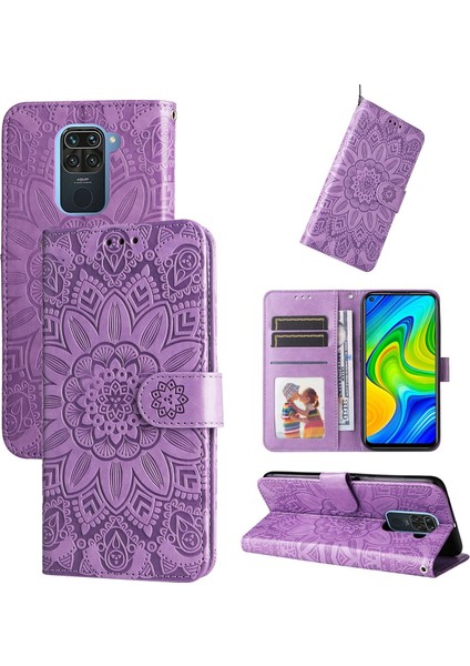 Xiaomi Redmi Note 9 ile Uyumlu Sunflower Kabartmalı Pu Deri Cüzdan Kılıf Kart Yuvaları ve Kickstand ile Çevirmeli Koruyucu Telefon Kapağı (Yurt Dışından)
