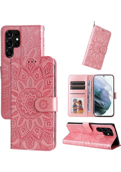 Samsung Galaxy S22 Ultra ile Uyumlu Sunflower Kabartmalı Pu Deri Cüzdan Kılıf Kart Yuvaları ve Kickstand ile Çevirmeli Koruyucu Telefon Kapağı (Yurt Dışından)