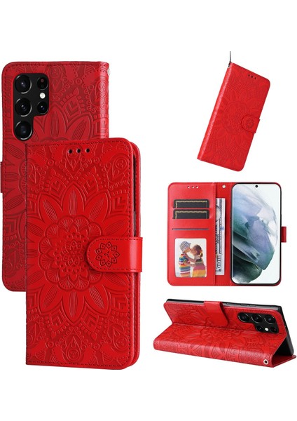 Samsung Galaxy S22 Ultra ile Uyumlu Sunflower Kabartmalı Pu Deri Cüzdan Kılıf Kart Yuvaları ve Kickstand ile Çevirmeli Koruyucu Telefon Kapağı (Yurt Dışından)