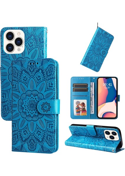 iPhone 14 Pro Max ile Uyumlu Sunflower Kabartmalı Pu Deri Cüzdan Kılıf Kart Yuvaları ve Kickstand ile Çevirmeli Koruyucu Telefon Kapağı (Yurt Dışından)