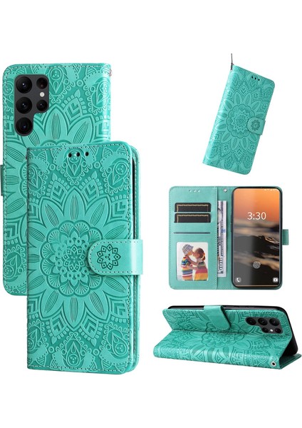 Samsung Galaxy S23 Ultra ile Uyumlu Sunflower Kabartmalı Pu Deri Cüzdan Kılıf Kart Yuvaları ve Kickstand ile Çevirmeli Koruyucu Telefon Kapağı (Yurt Dışından)