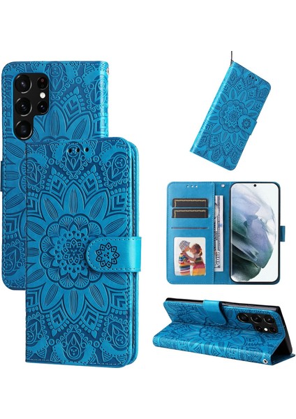 Samsung Galaxy S22 Ultra ile Uyumlu Sunflower Kabartmalı Pu Deri Cüzdan Kılıf Kart Yuvaları ve Kickstand ile Çevirmeli Koruyucu Telefon Kapağı (Yurt Dışından)