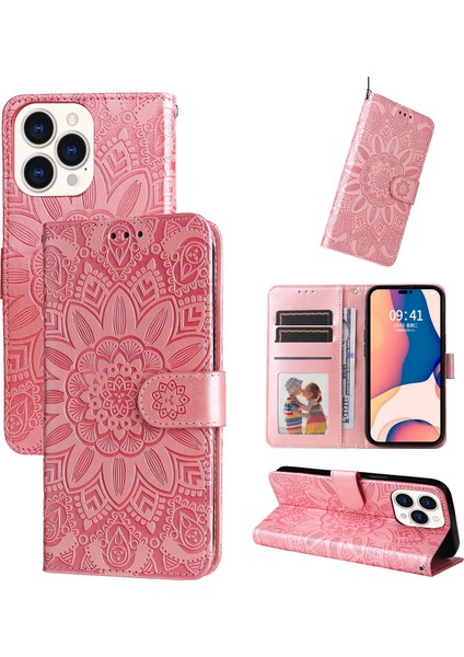 iPhone 14 Pro Max ile Uyumlu Sunflower Kabartmalı Pu Deri Cüzdan Kılıf Kart Yuvaları ve Kickstand ile Çevirmeli Koruyucu Telefon Kapağı (Yurt Dışından)
