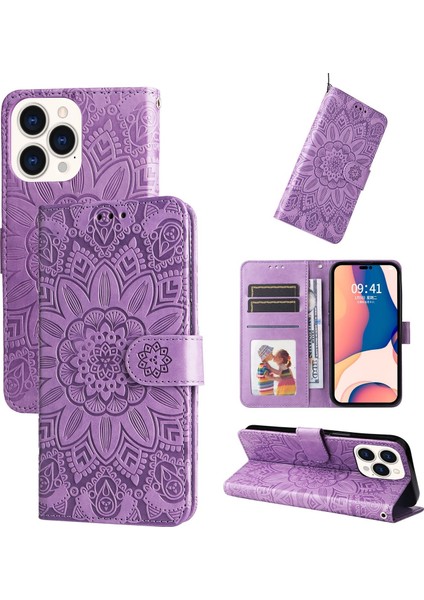 iPhone 14 Pro Max ile Uyumlu Sunflower Kabartmalı Pu Deri Cüzdan Kılıf Kart Yuvaları ve Kickstand ile Çevirmeli Koruyucu Telefon Kapağı (Yurt Dışından)