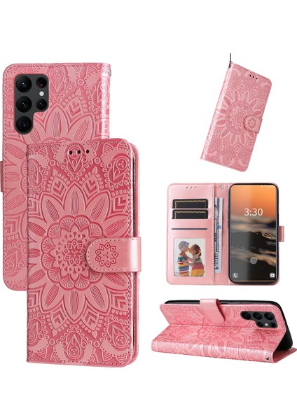 Samsung Galaxy S23 Ultra ile Uyumlu Sunflower Kabartmalı Pu Deri Cüzdan Kılıf Kart Yuvaları ve Kickstand ile Çevirmeli Koruyucu Telefon Kapağı (Yurt Dışından)