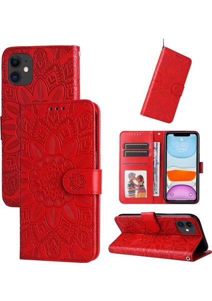 iPhone 11 ile Uyumlu Sunflower Kabartmalı Pu Deri Cüzdan Kılıf Kart Yuvaları ve Kickstand ile Çevirmeli Koruyucu Telefon Kapağı (Yurt Dışından)