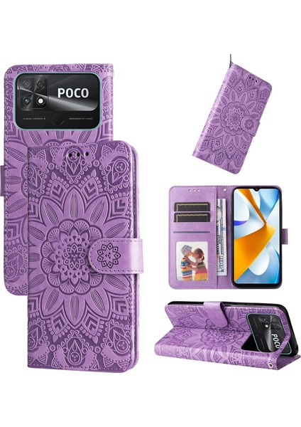 Xiaomi Poco C40 ile Uyumlu Sunflower Kabartmalı Pu Deri Cüzdan Kılıf Kart Yuvaları ve Kickstand ile Çevirmeli Koruyucu Telefon Kapağı (Yurt Dışından)