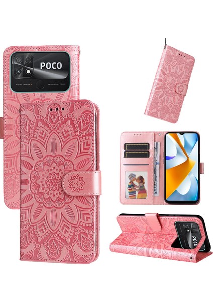 Xiaomi Poco C40 ile Uyumlu Sunflower Kabartmalı Pu Deri Cüzdan Kılıf Kart Yuvaları ve Kickstand ile Çevirmeli Koruyucu Telefon Kapağı (Yurt Dışından)