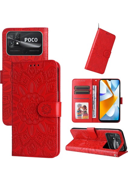 Xiaomi Poco C40 ile Uyumlu Sunflower Kabartmalı Pu Deri Cüzdan Kılıf Kart Yuvaları ve Kickstand ile Çevirmeli Koruyucu Telefon Kapağı (Yurt Dışından)
