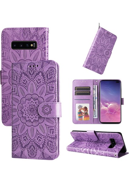 Samsung Galaxy S10 Plus ile Uyumlu Sunflower Kabartmalı Pu Deri Cüzdan Kılıf Kart Yuvaları ve Kickstand ile Çevirmeli Koruyucu Telefon Kapağı (Yurt Dışından)