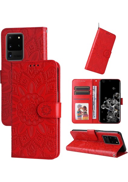 Samsung Galaxy S20 Ultra ile Uyumlu Sunflower Kabartmalı Pu Deri Cüzdan Kılıf Kart Yuvaları ve Kickstand ile Çevirmeli Koruyucu Telefon Kapağı (Yurt Dışından)
