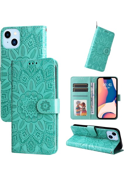 iPhone 14 Plus ile Uyumlu Sunflower Kabartmalı Pu Deri Cüzdan Kılıf Kart Yuvaları ve Kickstand ile Çevirmeli Koruyucu Telefon Kapağı (Yurt Dışından)