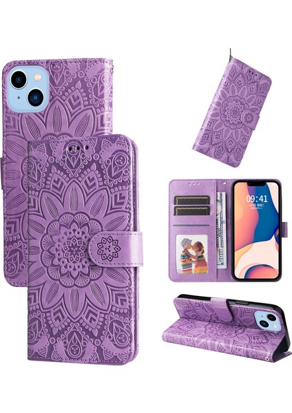 iPhone 14 Plus ile Uyumlu Sunflower Kabartmalı Pu Deri Cüzdan Kılıf Kart Yuvaları ve Kickstand ile Çevirmeli Koruyucu Telefon Kapağı (Yurt Dışından)