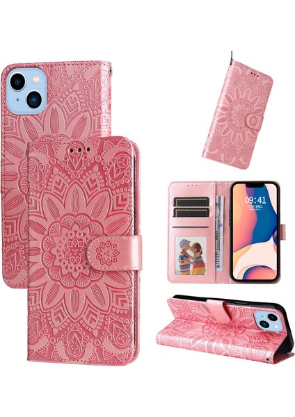 iPhone 14 Plus ile Uyumlu Sunflower Kabartmalı Pu Deri Cüzdan Kılıf Kart Yuvaları ve Kickstand ile Çevirmeli Koruyucu Telefon Kapağı (Yurt Dışından)