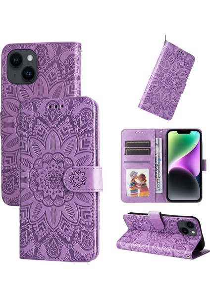 iPhone 15 ile Uyumlu Sunflower Kabartmalı Pu Deri Cüzdan Kılıf Kart Yuvaları ve Kickstand ile Çevirmeli Koruyucu Telefon Kapağı (Yurt Dışından)