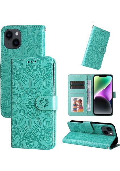 iPhone 15 ile Uyumlu Sunflower Kabartmalı Pu Deri Cüzdan Kılıf Kart Yuvaları ve Kickstand ile Çevirmeli Koruyucu Telefon Kapağı (Yurt Dışından)