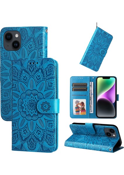 iPhone 15 ile Uyumlu Sunflower Kabartmalı Pu Deri Cüzdan Kılıf Kart Yuvaları ve Kickstand ile Çevirmeli Koruyucu Telefon Kapağı (Yurt Dışından)