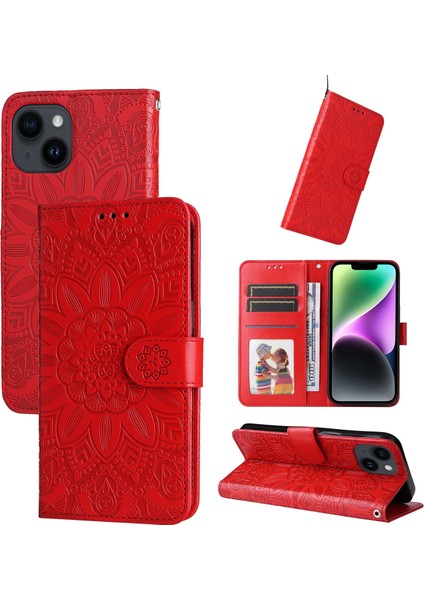 iPhone 15 ile Uyumlu Sunflower Kabartmalı Pu Deri Cüzdan Kılıf Kart Yuvaları ve Kickstand ile Çevirmeli Koruyucu Telefon Kapağı (Yurt Dışından)
