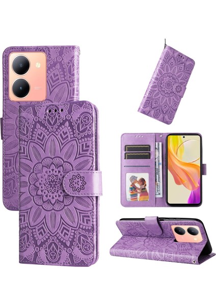 Vıvo Y36 ile Uyumlu Sunflower Kabartmalı Pu Deri Cüzdan Kılıf Kart Yuvaları ve Kickstand ile Çevirmeli Koruyucu Telefon Kapağı (Yurt Dışından)