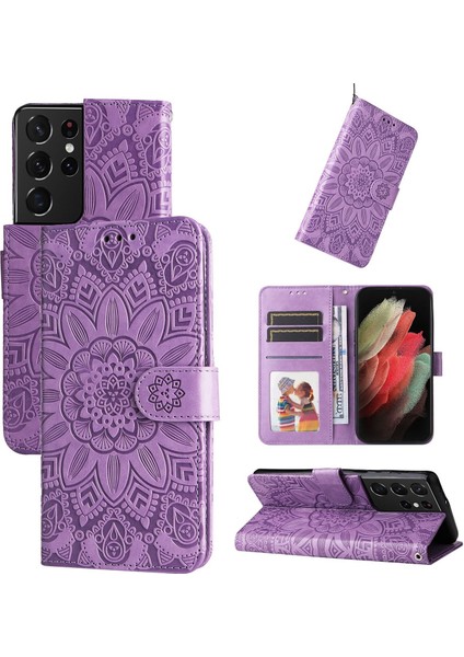 Samsung Galaxy S21 Ultra ile Uyumlu Sunflower Kabartmalı Pu Deri Cüzdan Kılıf Kart Yuvaları ve Kickstand ile Çevirmeli Koruyucu Telefon Kapağı (Yurt Dışından)