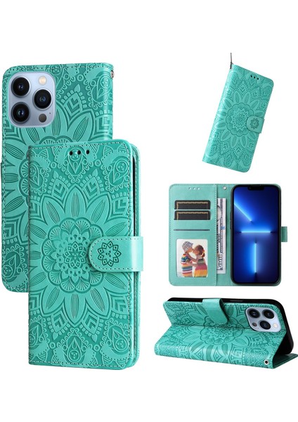 iPhone 13 Pro Max ile Uyumlu Sunflower Kabartmalı Pu Deri Cüzdan Kılıf Kart Yuvaları ve Kickstand ile Çevirmeli Koruyucu Telefon Kapağı (Yurt Dışından)